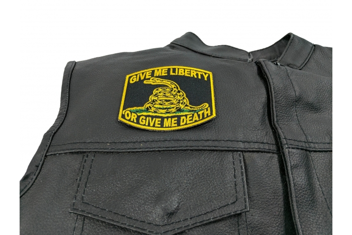 Give Me Liberty or Give Me Death Patch - 3.5x3.25 inch. Embroidered Iron on Patch shown on leather vest