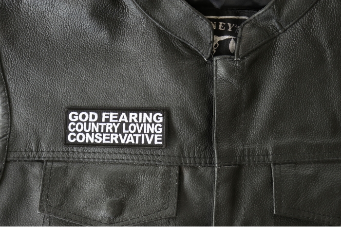 God Fearing Country Loving Conservative Patch, Saying Patches shown on leather vest