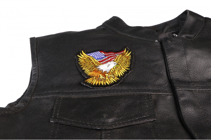 Gold Eagle Patch With US Flag Small - 3.5x3.5 inch. Embroidered Iron on Patch shown on leather vest