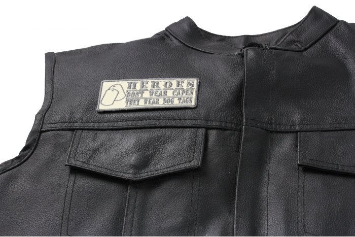 Heroes Don't Wear Capes They Wear Dog Tags Small Patch Desert Black - 4x1.6 inch. Embroidered Iron on Patch shown on leather vest