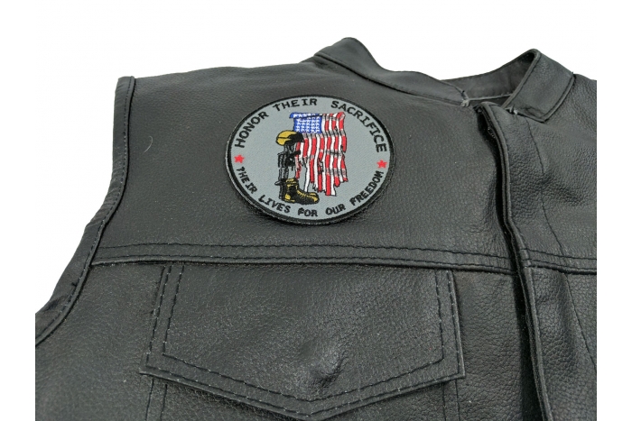 Honor Their Sacrifice Memorial Patch - 3.5x3.5 inch. Embroidered Iron on Patch shown on leather vest