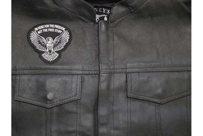 I'm here for the Freedom Not for the Free Stuff Patch shown on leather vest