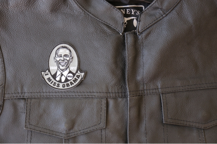 I Miss Obama Patch - 3x3.1 inch - Embroidered Iron on Patch shown on leather vest