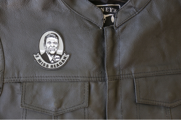 I miss Reagan Patch - 3x3.1 inch - Embroidered Iron on Patch shown on leather vest