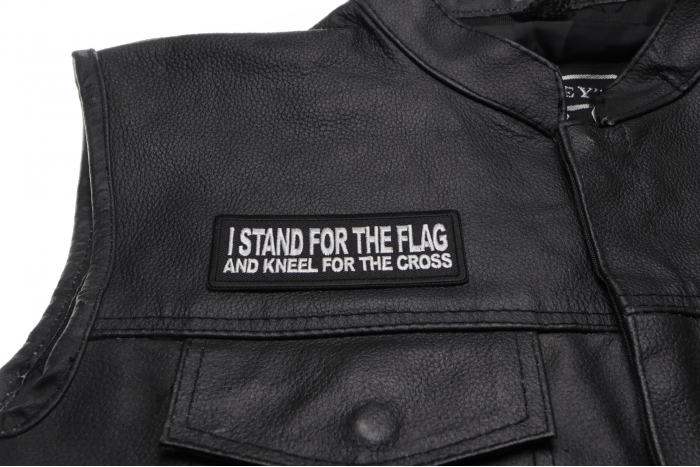 I Stand For The Flag And Kneel for The Cross Patch, Patriotic Saying Patches shown on leather vest