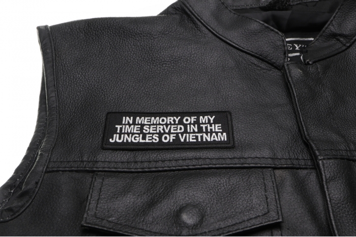 In Memory of My Time Served In The Jungles of Vietnam Patch, Military Saying Patches shown on leather vest