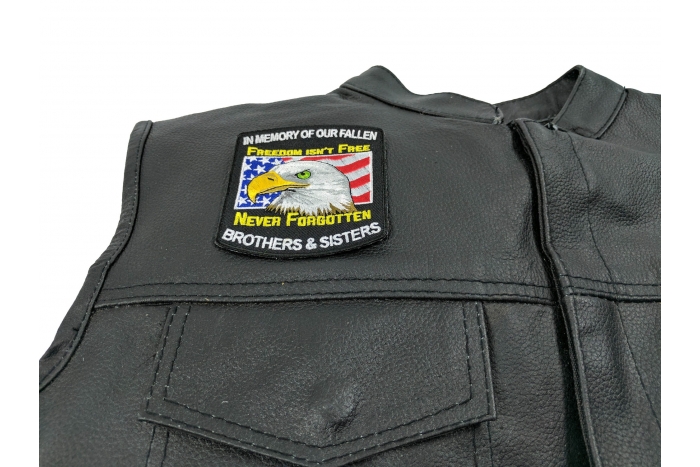 In Memory Of Our Fallen Military Brothers and Sisters Patch - 3.2x3.5 inch. Embroidered Iron on Patch shown on leather vest