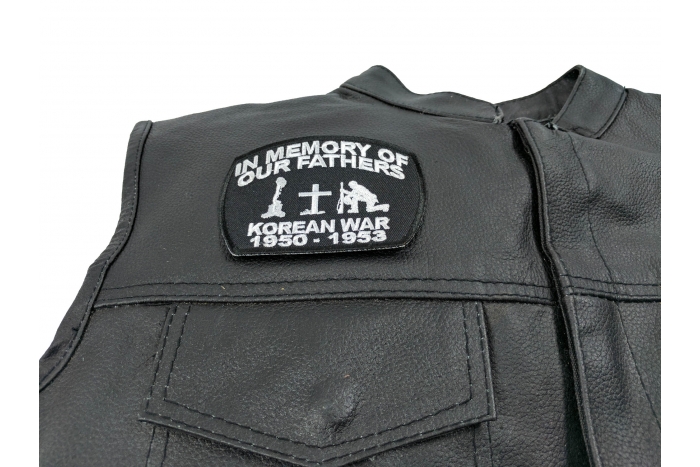 In Memory Of Our Fathers Korean War Patch - 4x3 inch. Embroidered Iron on Patch shown on leather vest