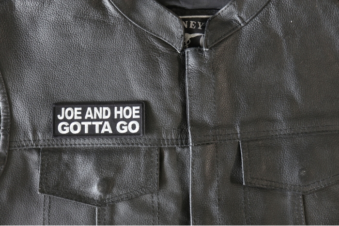Joe and Hoe Gotta Go Patch, Funny Saying Patches, Sew or Iron on Patch shown on leather vest
