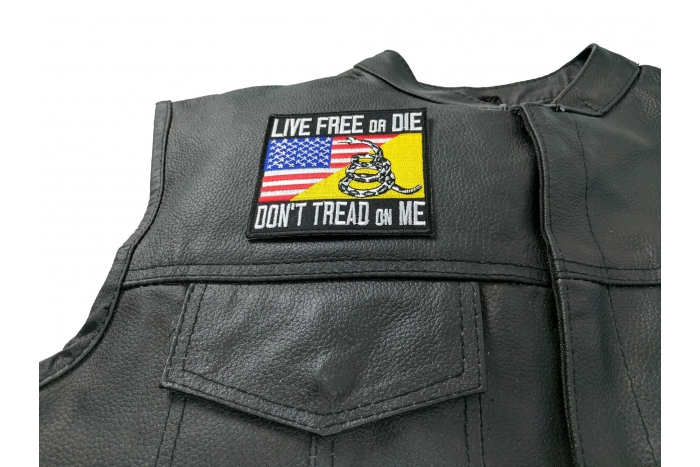 Live Free or Die Don't Tread On Me Gadsden American Flag Patch - 3.5x3.25 inch. Embroidered Iron on Patch shown on leather vest