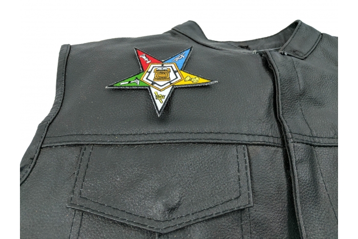 Eastern Star Mason Patch - By Ivamis Trading - 4 inch - Embroidered Iron on Patch shown on leather vest