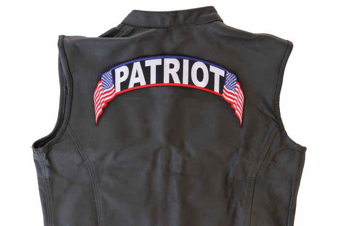 Patriot Patch, US Flag Large Rocker Patch shown on leather vest