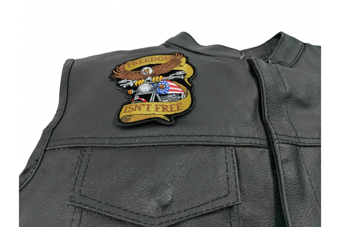 Patriotic Eagle Biker Small Patch Freedom Isn't Free - 3.75x4.25 inch. Embroidered Iron on Patch shown on leather vest