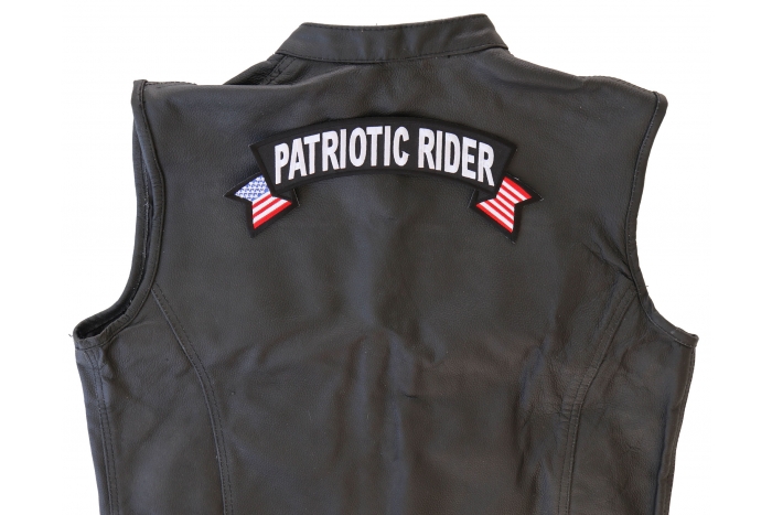 Patriotic Rider Patch - Iron on Patch - 11x4.5 inch shown on leather vest
