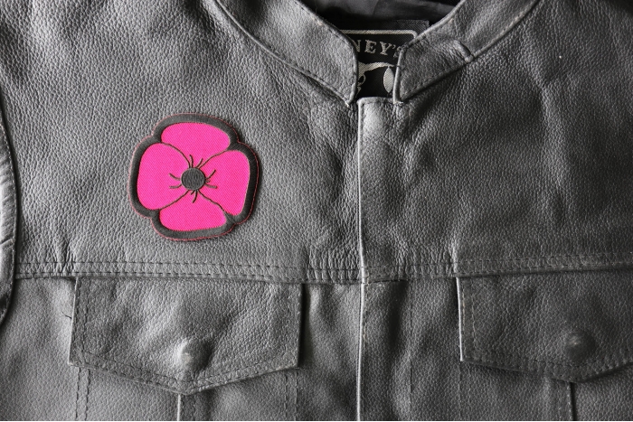 Poppy Patch - 3x3 inch - Embroidered Iron on Patch shown on leather vest