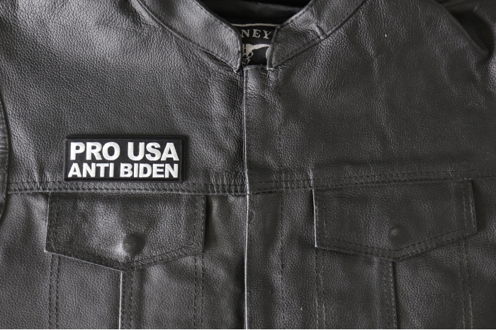 Pro USA Anti Biden Patch - 4x1.5 inch - Embroidered Iron on Patch shown on leather vest