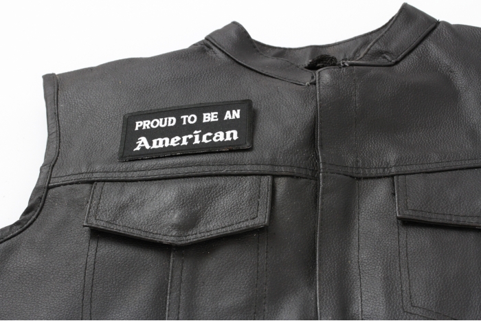 Proud To Be An American Patch, Patriotic Saying Patches shown on leather vest