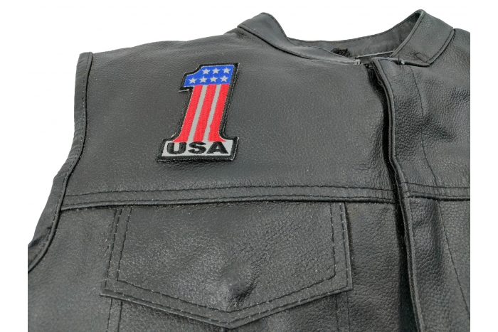 Reflective No 1 USA Patch - 2x3 inch. Embroidered Iron on Patch shown on leather vest