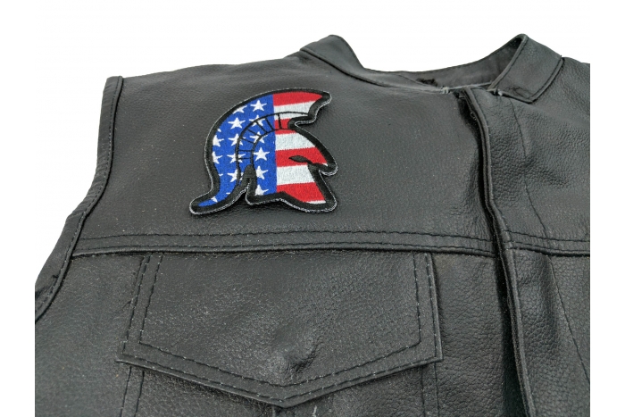 Spartan Helmet with US Flag Patch - 3x3.5 inch. Embroidered Iron on Patch shown on leather vest