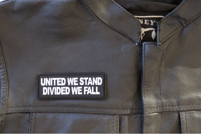 United We Stand Divided We Fall Patch, Patriotic Patches, Iron on Quotes and Sayings for Hats shown on leather vest