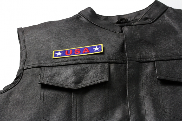 USA Dark Blue Patch - Iron on Patch - 4x1 inch shown on leather vest