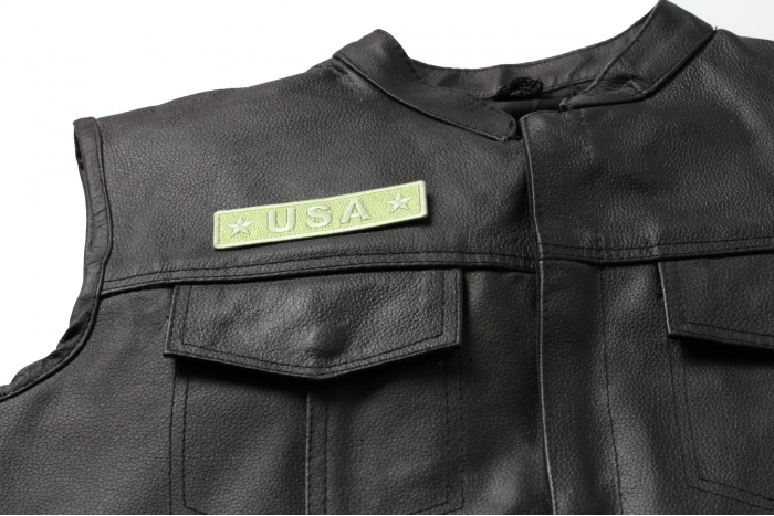 USA Desert Sand Patch - Iron on Patch - 4x1 inch shown on leather vest