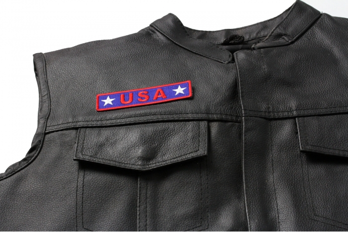 USA Red White Blue Patch - Iron on Patch - 4x1 inch shown on leather vest