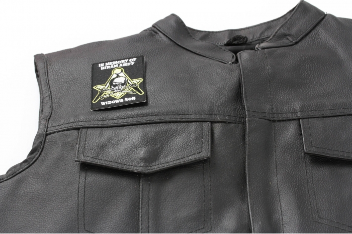 In Memory of Hiram Abiff Widows Son Masonic Patch, Skull Patches shown on leather vest