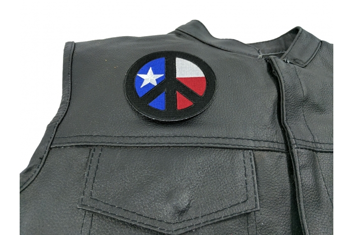 Black Texas Peace Patch - Iron on Patch - 3.5x3.5 inch shown on leather vest