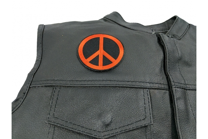Peace Sign Patch Orange On Black - Iron on Patch - 3x3 inch shown on leather vest