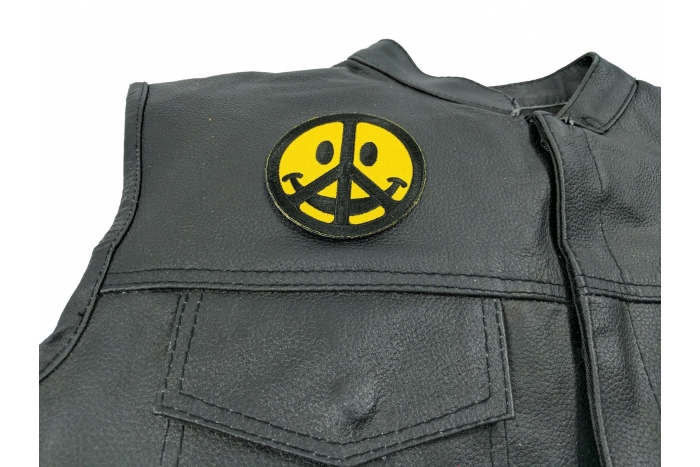 Smiley Face Peace Patch - Iron on Patch - 3x3 inch shown on leather vest