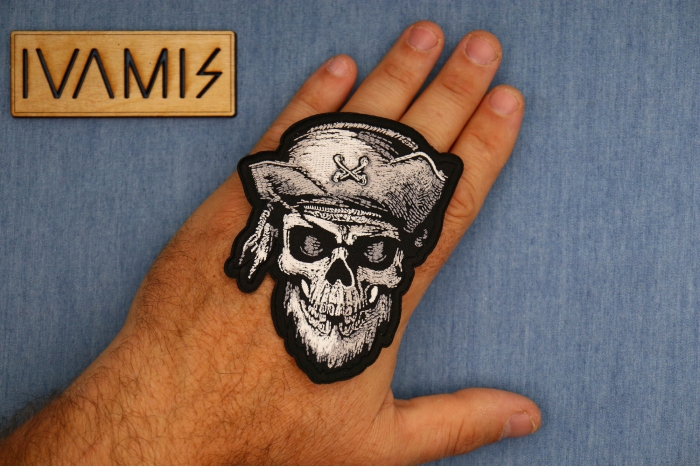 Dead Pirate Skull Patch, Skull Patches shown on hand for size comparison