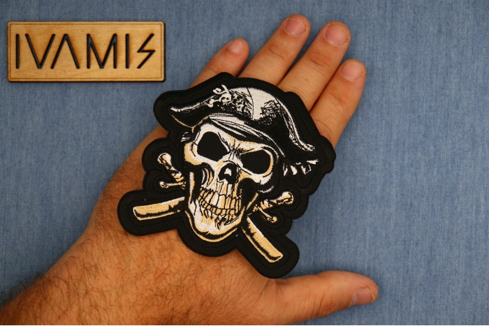 Pirate Skull Patch, Skull Patches shown on hand for size comparison