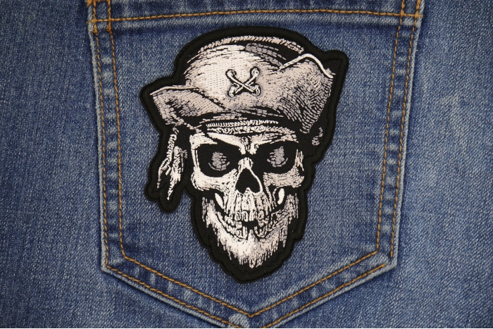 Dead Pirate Skull Patch shown on jeans