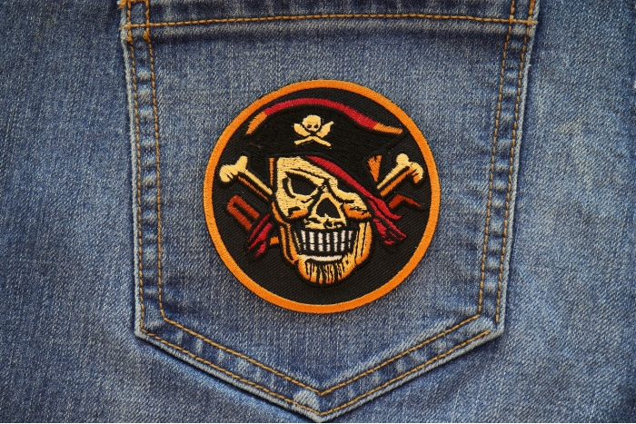 Pirate Skull with Cross Bones Patch shown on jeans