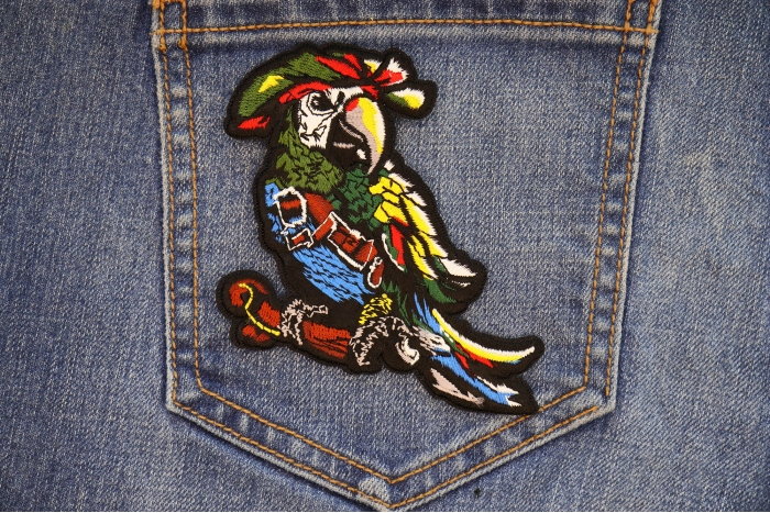 Pirate Parrot Patch shown on jeans