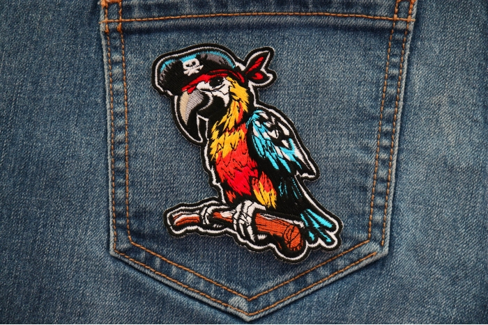 Pirate Parrot Patch shown on jeans