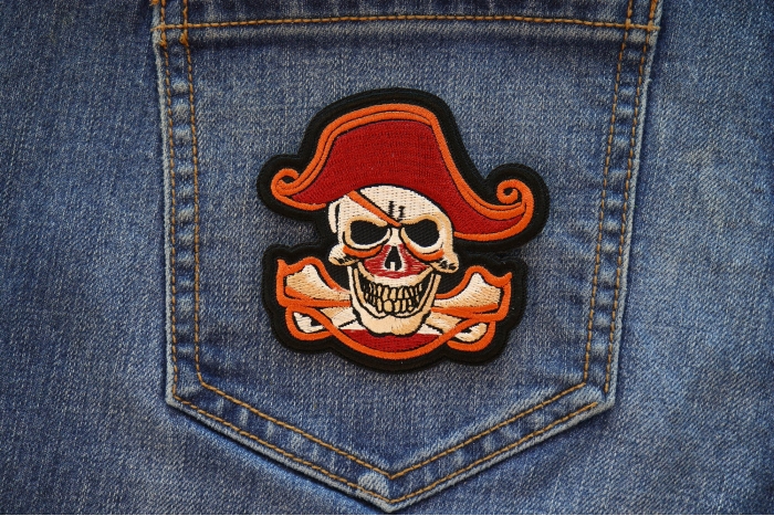 Pirate Skull Cross Bones and Hat Patch shown on jeans
