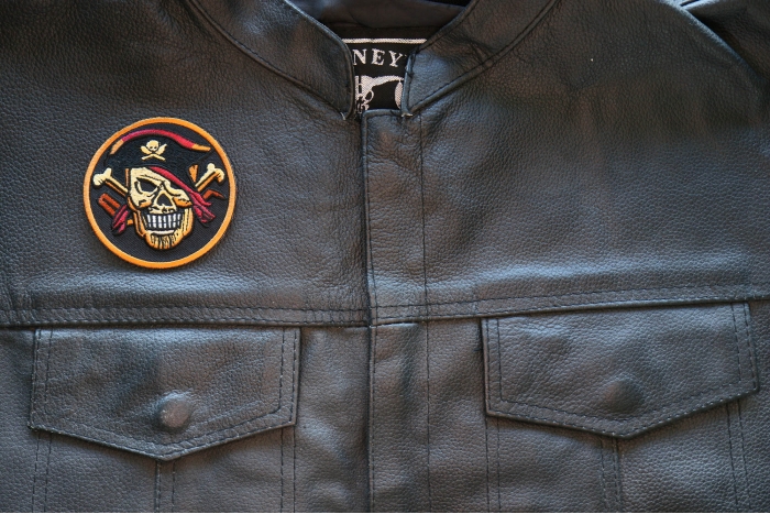 Pirate Skull with Cross Bones Patch, Skull Patches shown on leather vest