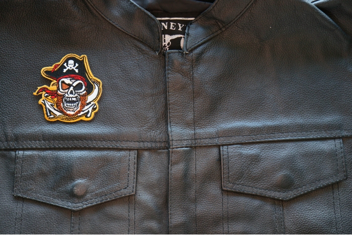 Pirate Skull Patch, Skull Patches shown on leather vest