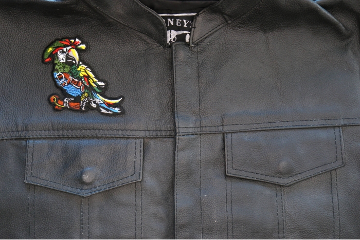 Pirate Parrot Patch shown on leather vest