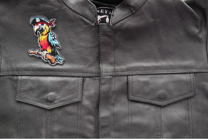 Pirate Parrot Patch shown on leather vest