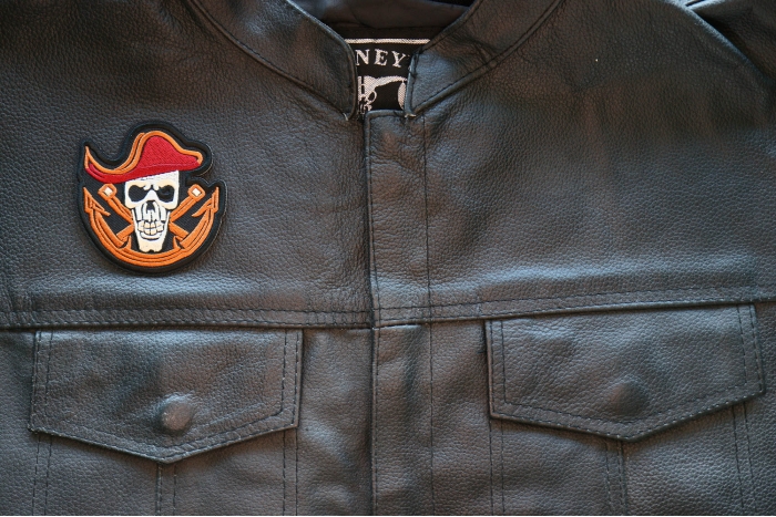 Skull Pirate Mate Patch, Skull Patches shown on leather vest