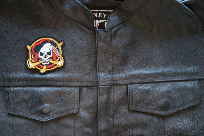 Skull Pirate Patch, Skull Patches shown on leather vest
