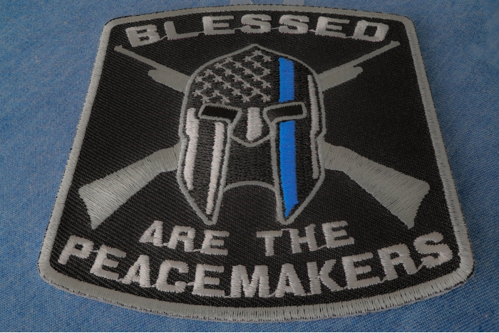 Blessed Are The Peacemakers Thin Blue Line Patch For Law Enforcement diagonal view