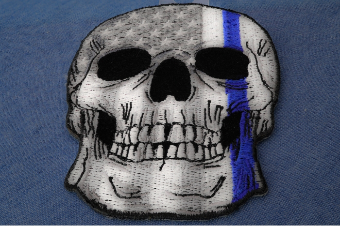 Blue Stripe American Flag Skull Police Patch diagonal view