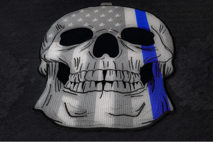 American Flag Blue Stripe Skull Patch diagonal view