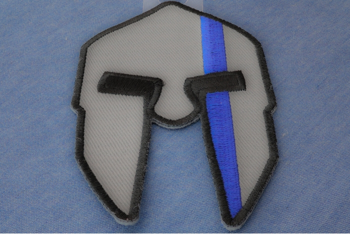 Spartan Helmet Patch with Blue Stripe diagonal view