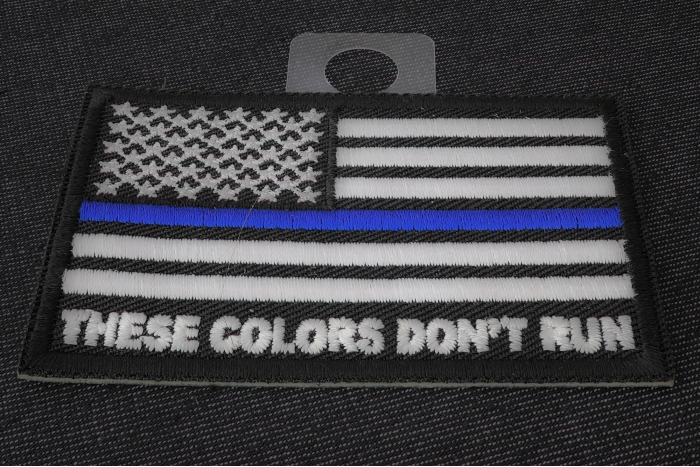 Blue Stripe American Flag Patch - These Colors Don't Run - for Jackets and Vests diagonal view