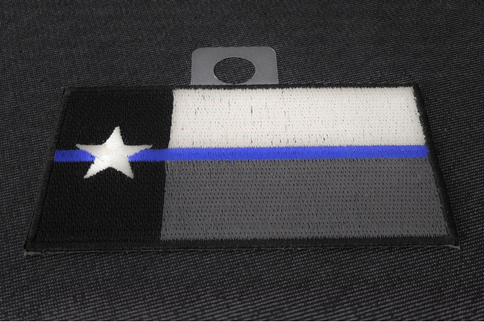 Thin Blue Line Law Enforcement Flag Flying On A Pole Under The United States Flag In A New York City Neighborhood Image507599302